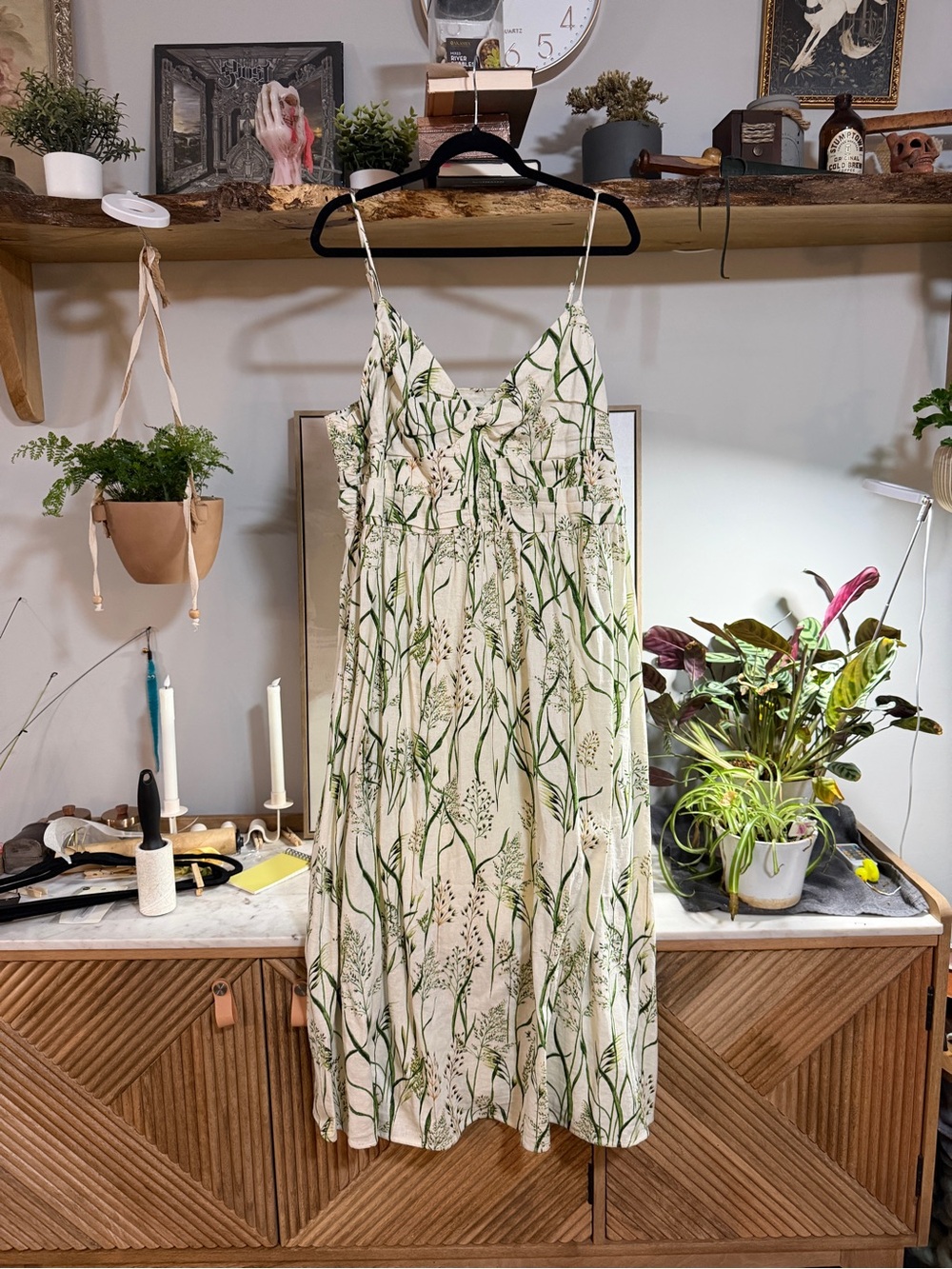 NWT H&M Cream Linen Midi Dress with Green Botanical Print and Pleated Bust